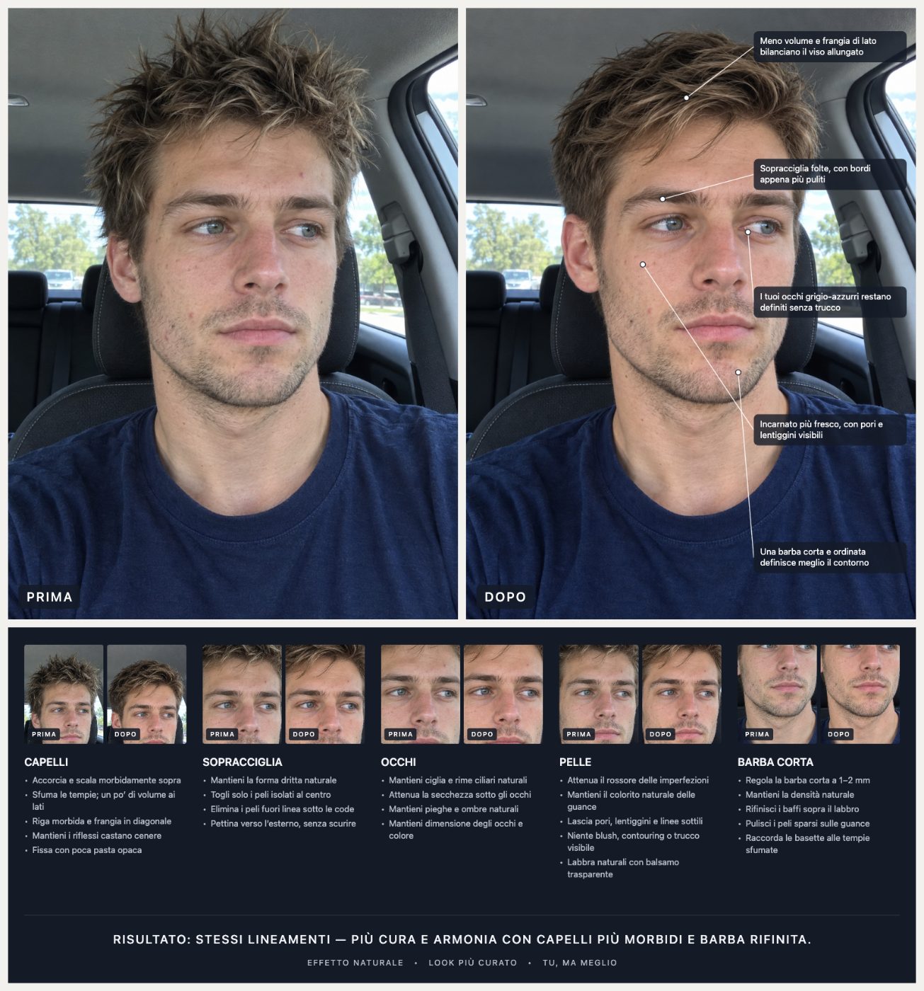 La guida al look completa dell’esempio qui sopra: prima/dopo, primi piani di ogni zona e indicazioni.