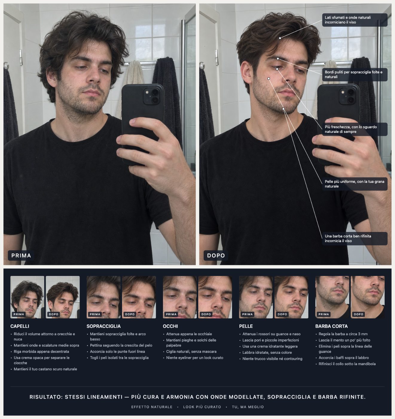La guida al look completa dell’esempio qui sopra: prima/dopo, primi piani di ogni zona e indicazioni.