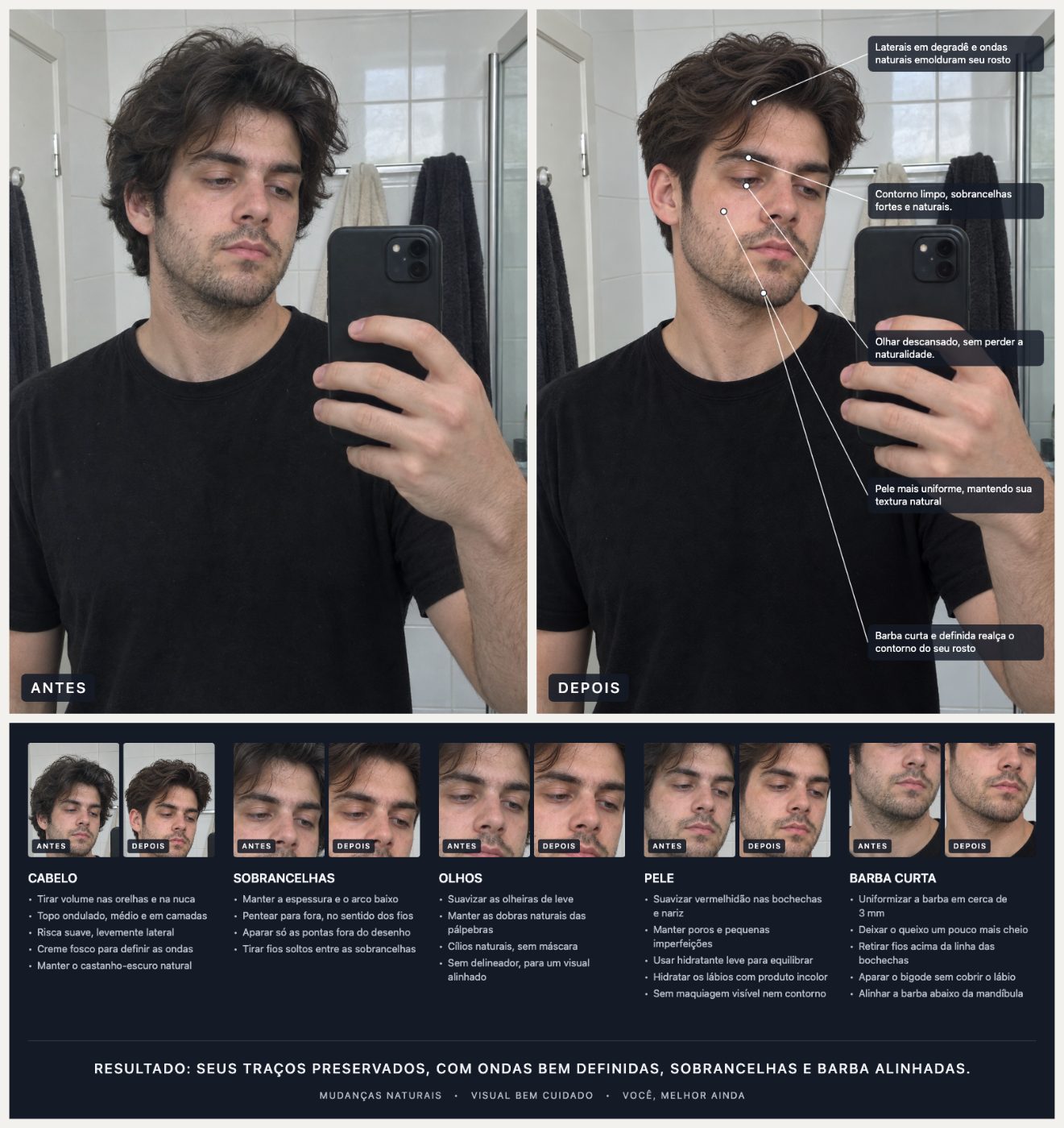 O plano de visual completo do exemplo acima: antes e depois, detalhes de cada área e instruções.