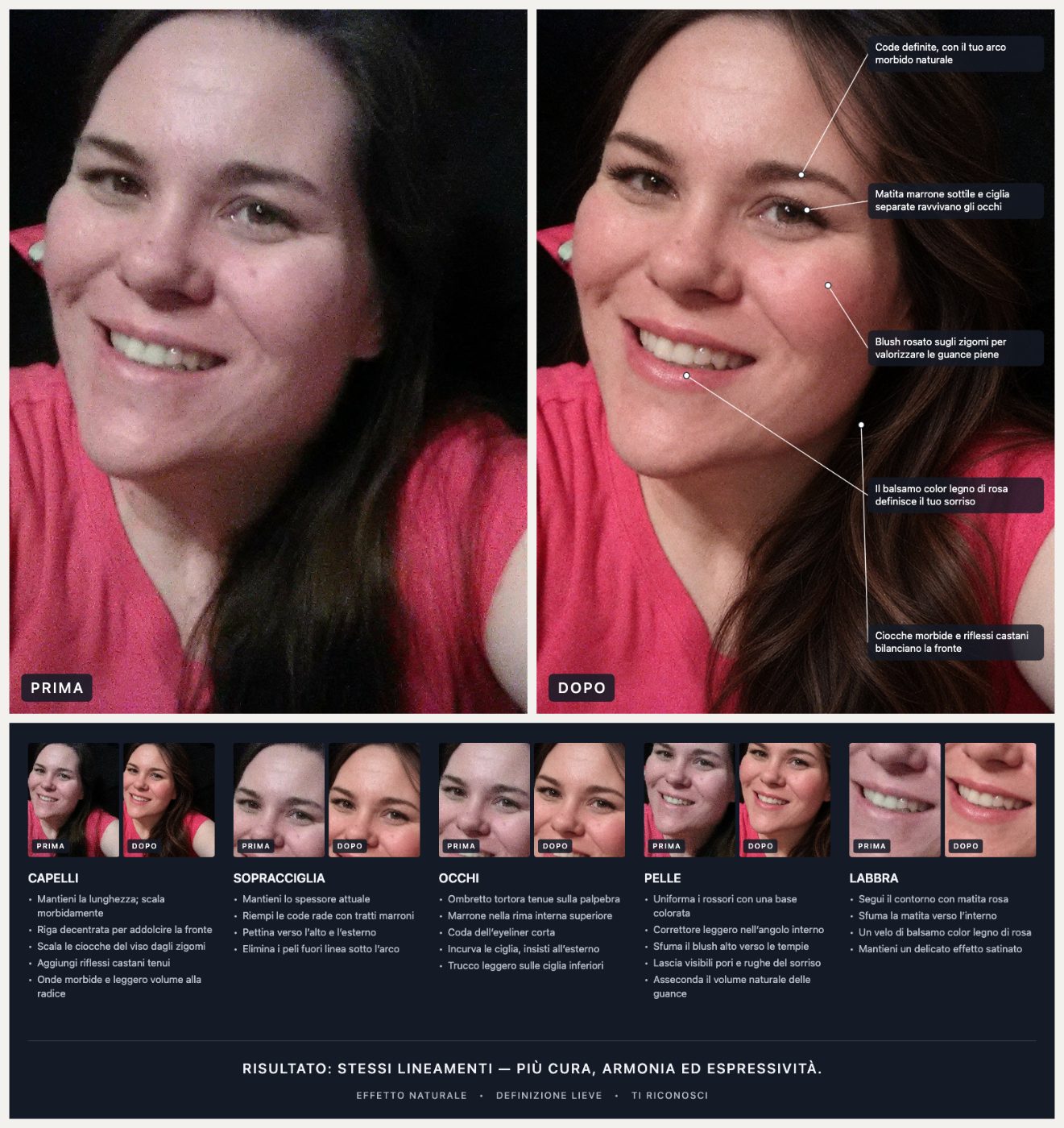 La guida al look completa dell’esempio qui sopra: prima/dopo, primi piani di ogni zona e indicazioni.