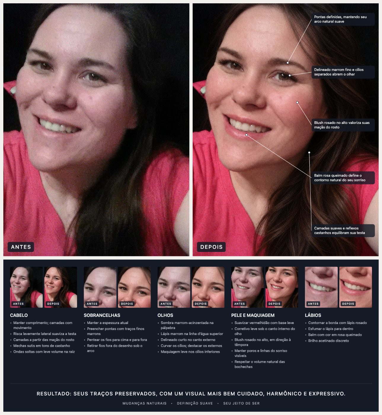 O plano de visual completo do exemplo acima: antes e depois, detalhes de cada área e instruções.