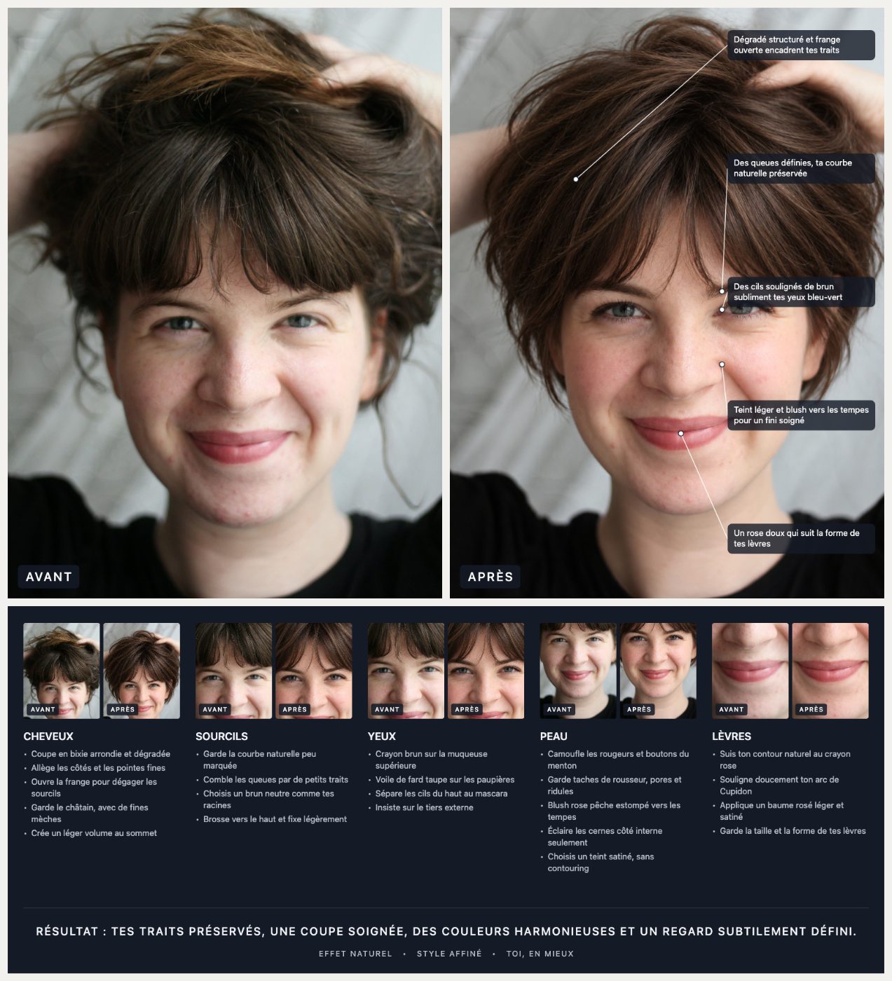 La fiche de style complète de l’exemple ci-dessus : avant/après, gros plans de chaque zone et consignes.