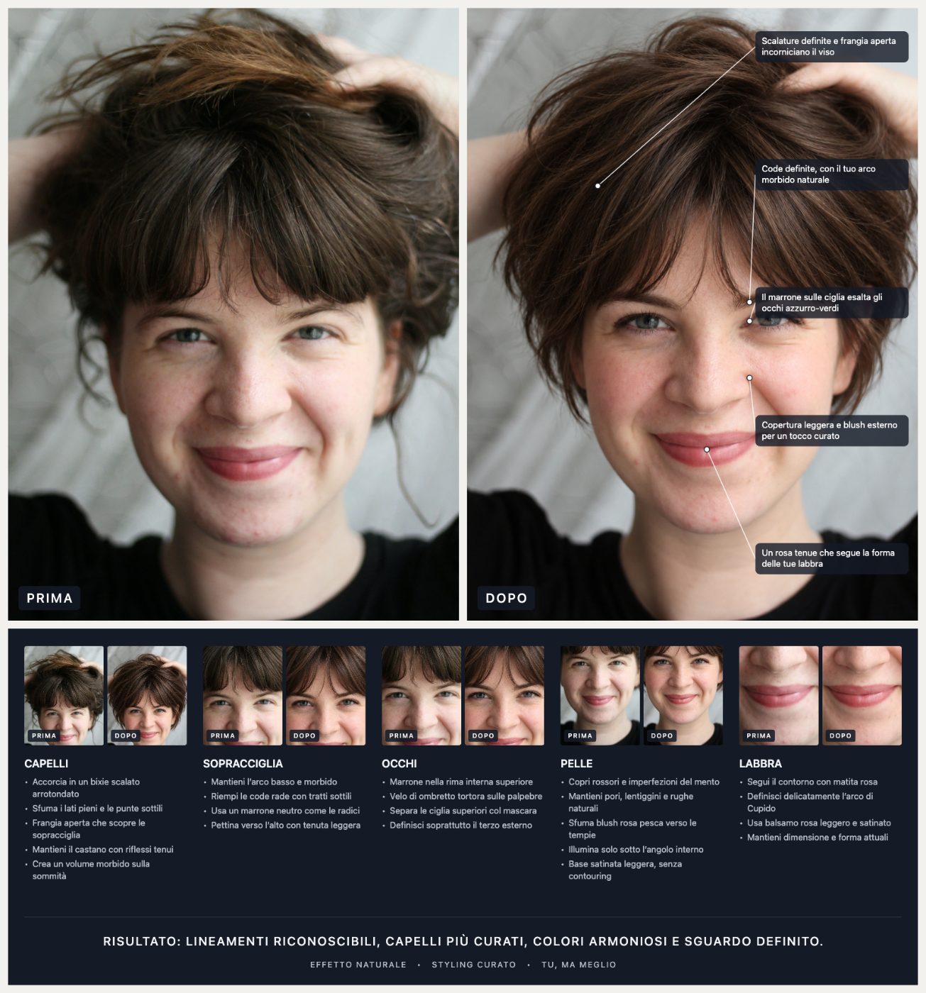 La guida al look completa dell’esempio qui sopra: prima/dopo, primi piani di ogni zona e indicazioni.