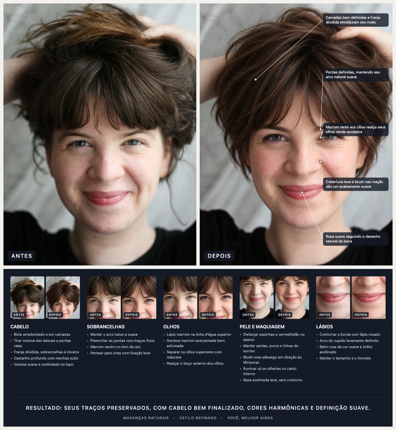 O plano de visual completo do exemplo acima: antes e depois, detalhes de cada área e instruções.