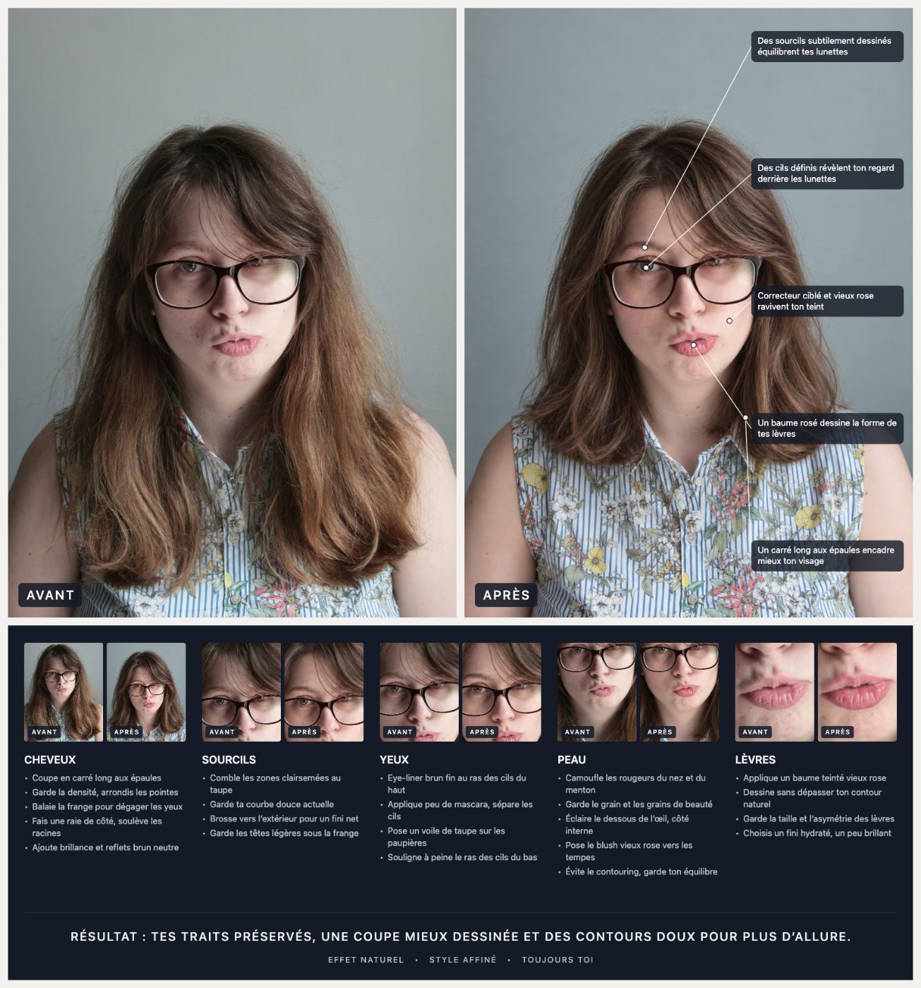 La fiche de style complète de l’exemple ci-dessus : avant/après, gros plans de chaque zone et consignes.