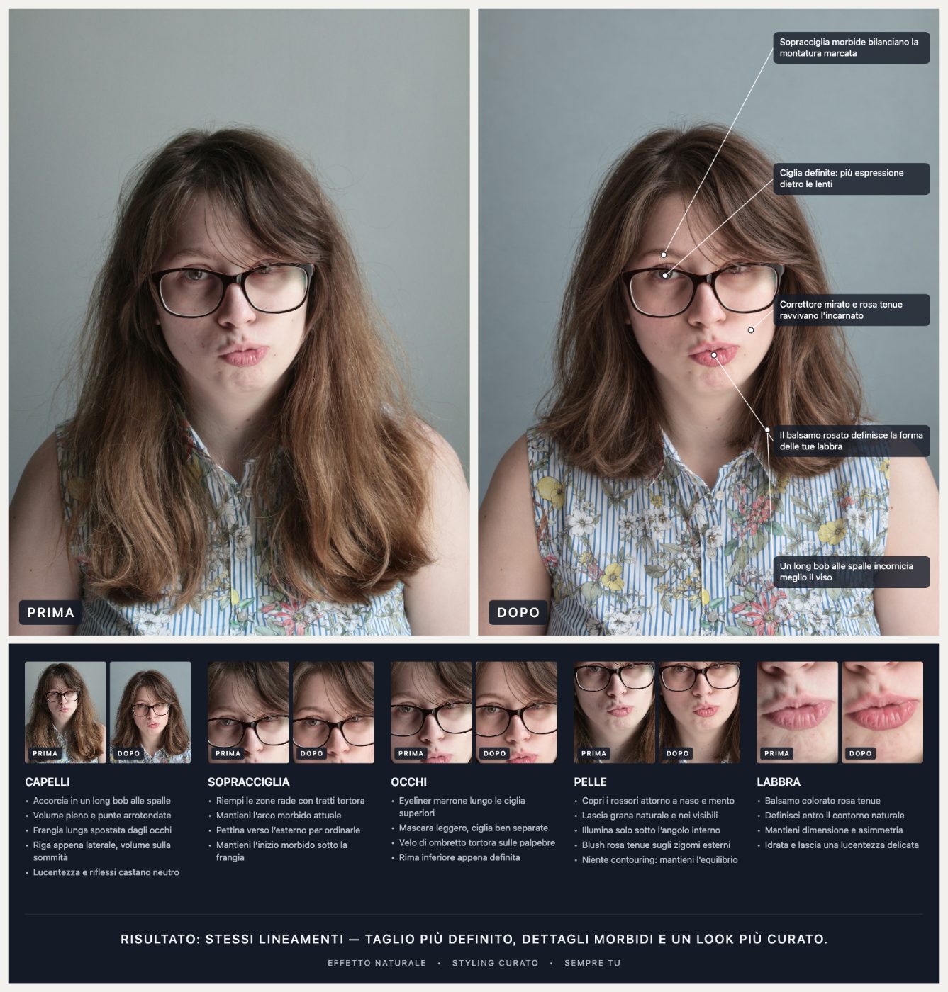 La guida al look completa dell’esempio qui sopra: prima/dopo, primi piani di ogni zona e indicazioni.