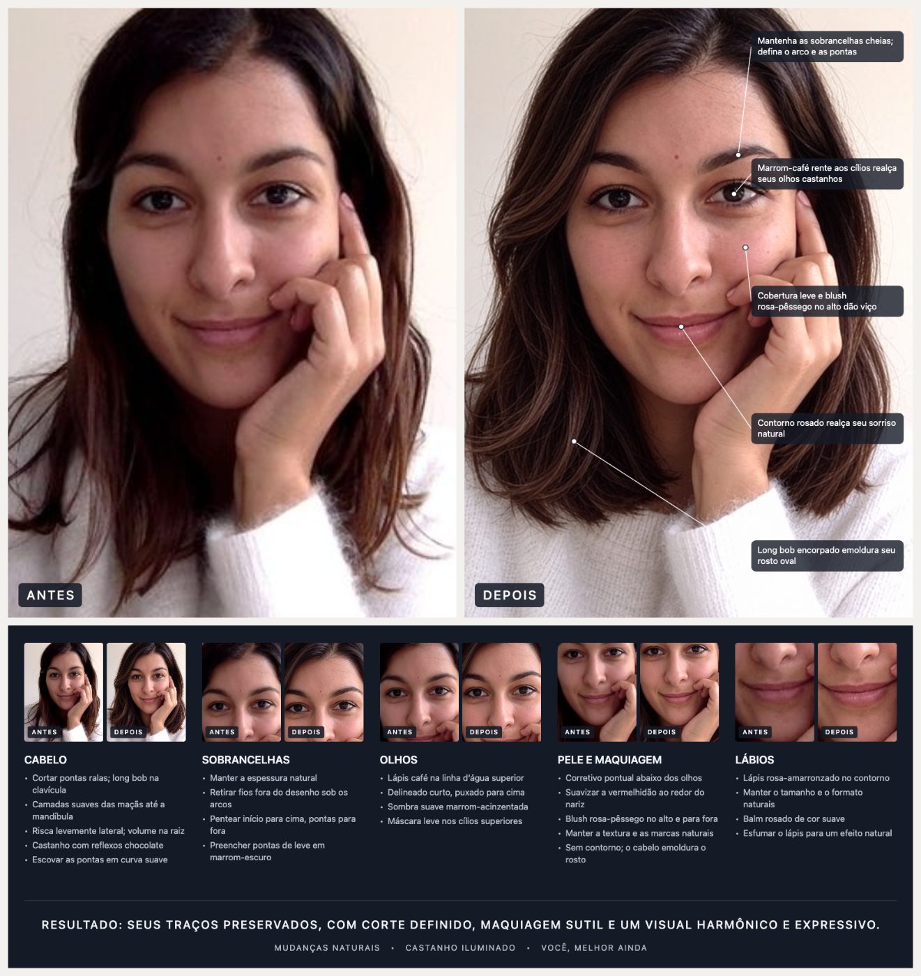 O plano de visual completo do exemplo acima: antes e depois, detalhes de cada área e instruções.